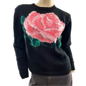 Vintage- black hand knit pink rose sweater- s/m